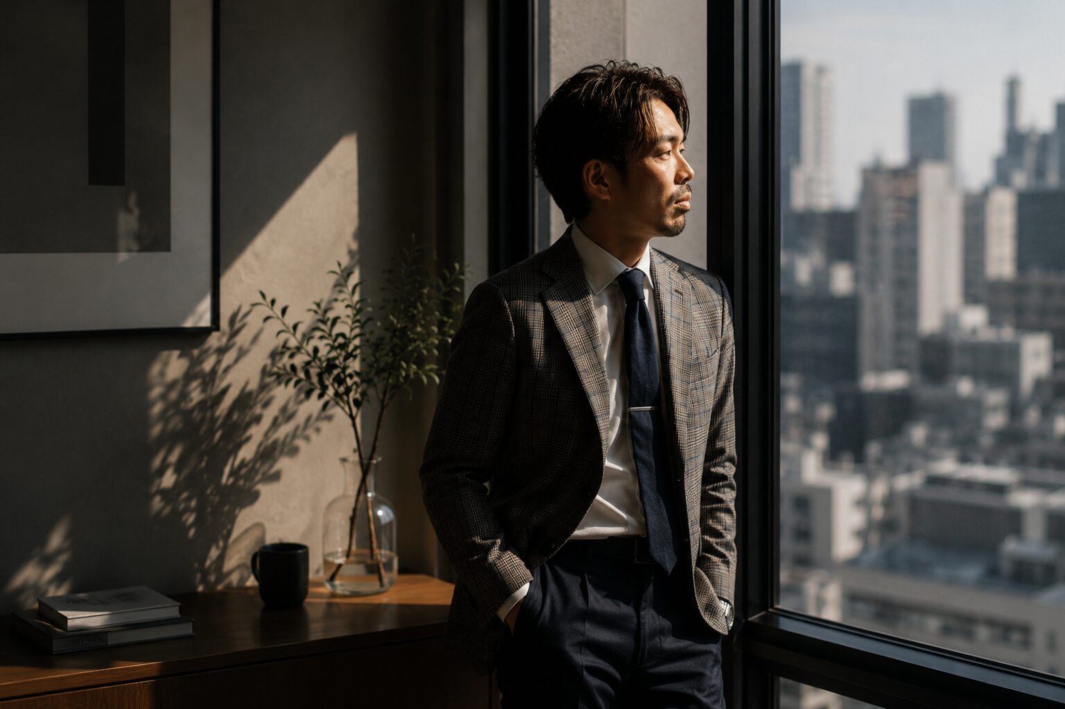 窓際で考える人物